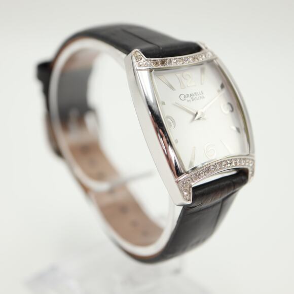 Caravelle by Bulova Silver Tone Watch 27mm Barrel Black Leather w New Battery - Picture 9 of 16